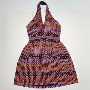 Trina Turk Campania Silk Halter Dress Size 8 Chain Print Pink Black Orange
